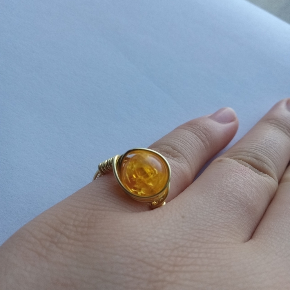 Yellow glass bead wire wrapped ring size 5.5